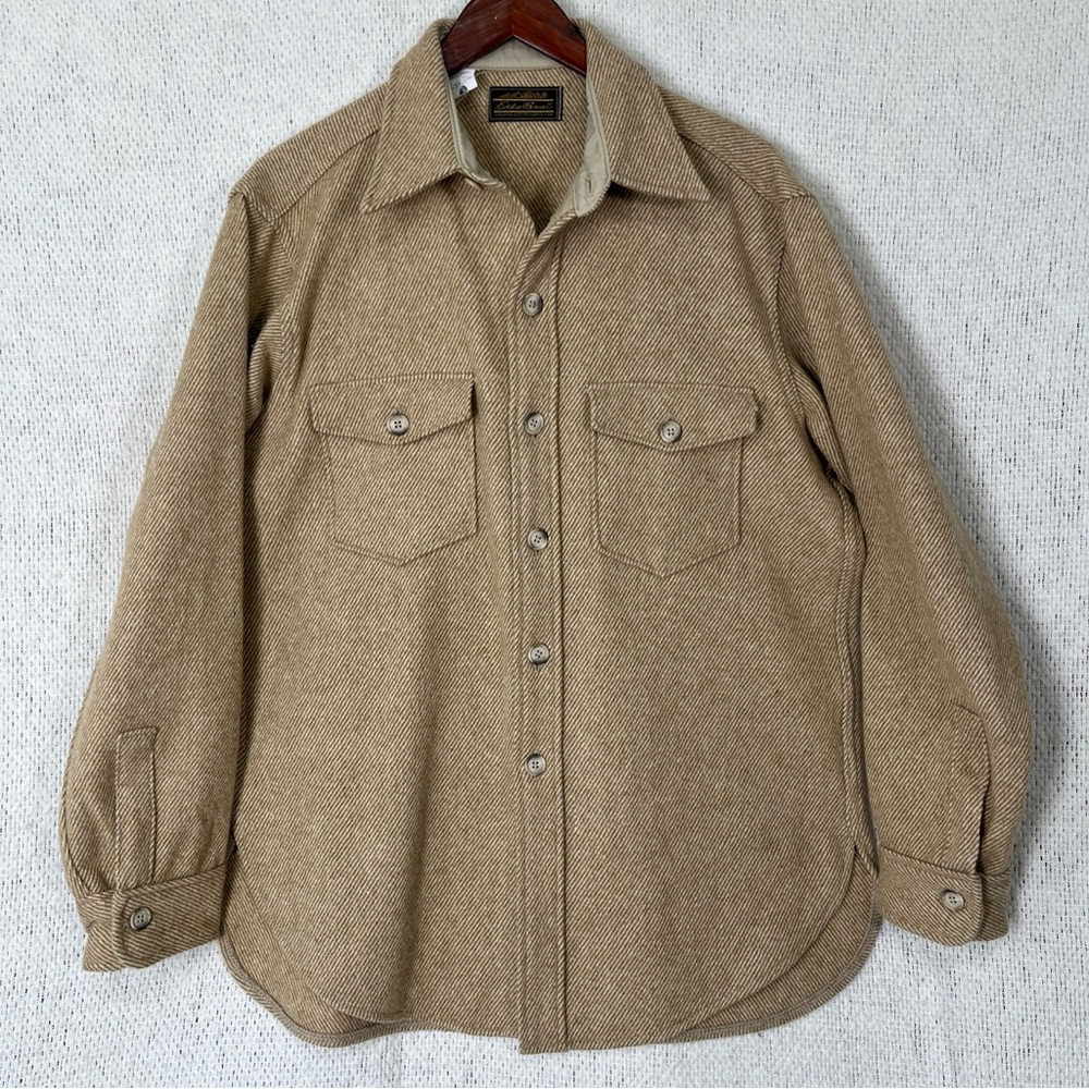 Vintage Eddie Bauer Wool Blend Shirt Mens L Tan Striped Thick Heavy Made in USA